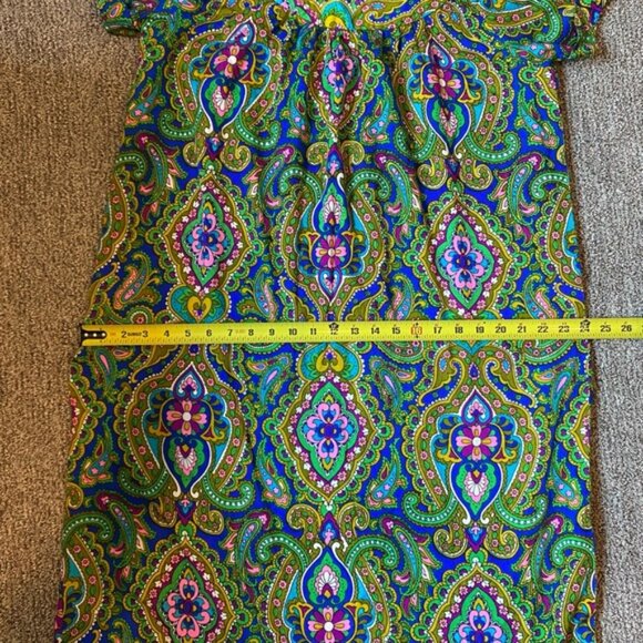 70s Vintage Psychedelic Paisley Dress Midi Short Sleeve Bright Green Pattern - Picture 6 of 7